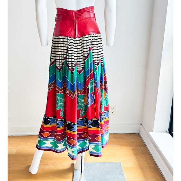 Vintage Wayne Clark Colourful Geometric Print Leather Detail Maxi Skirt S - Picture 9 of 10